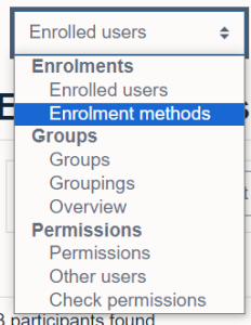 Dropdown menu on Participants page with Enrolment methods highlighted