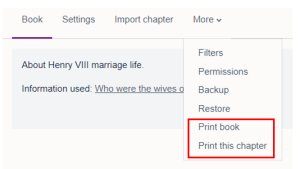 The more drop-down menu with the option to print book, or print chapter.