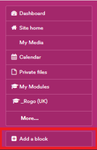 Contents of hamburger menu with Add a block highlighted