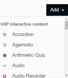 Selecting a H5P content type to add from the Add menu in the content bank