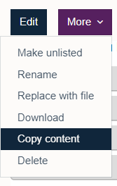 More menu from a H5P activity in Moodle with copy content selected