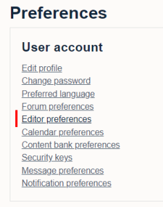 The user account preferences menu in Moodle 4.3