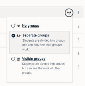 The group selection menu in Moodle 4.3, allowing you to choose which group types see content.